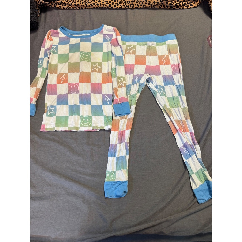 Little Sleepies 3T Rainbow Checkerboard Smiley Face Bamboo Pajama Set Lunaluxe